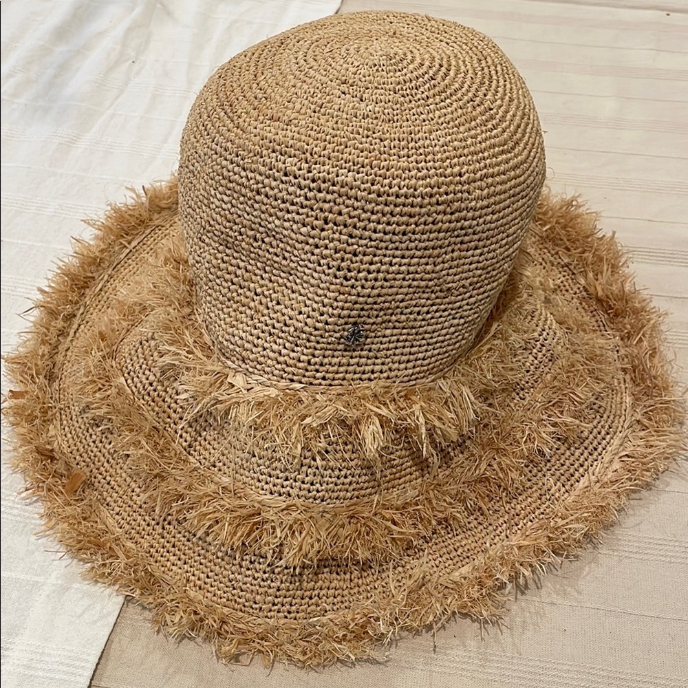 Tan Woven Sun Hat with Frayed Brim